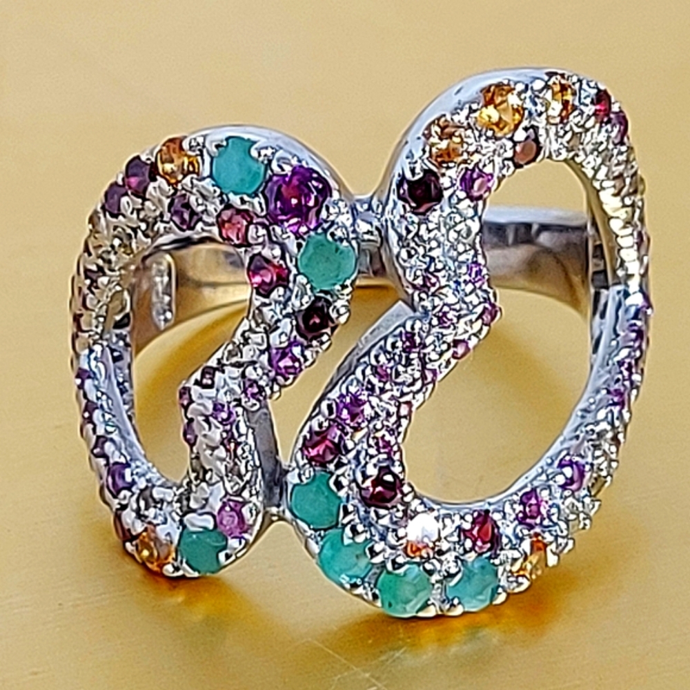 Natural‎ Emerald, Rhodolite, Sapphire 925 Sterling Silver Ring 8.5